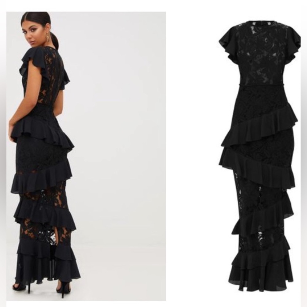 PrettyLittleThing Black Lace Maxi Dress with Ruffles - Picture 3 of 5